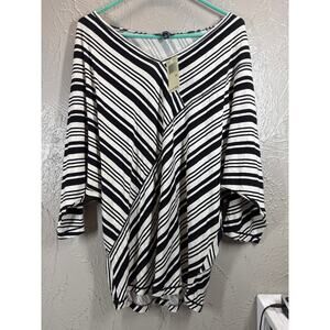 MAX EDITION Women Top Striped Black White Dolman Sleeve Pullover Size Medium NWT
